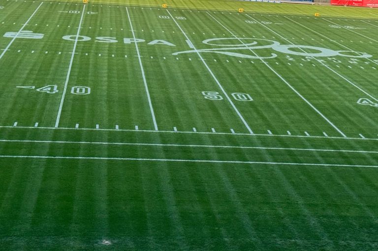 Sponsorenlogo auf Footballplatz markiert im Ostseestadion